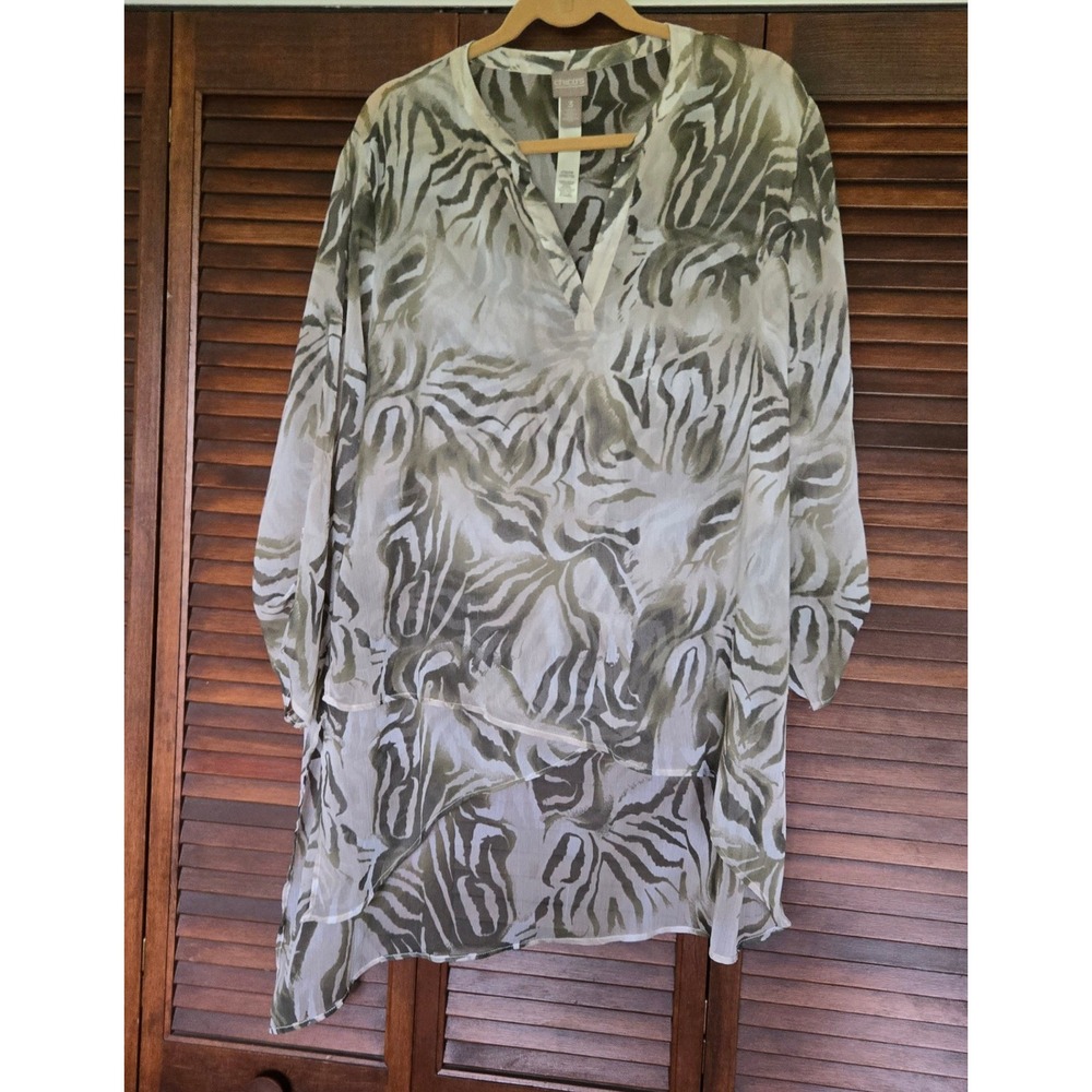 Chico's Tunic Blouse Womens 3 XL Green Zebra Print Sheer handkerchief hem